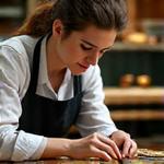 Eliza Hawthorne, Customization Artisan for Luxury Gadgets, meticulously applying gold leaf to a device.