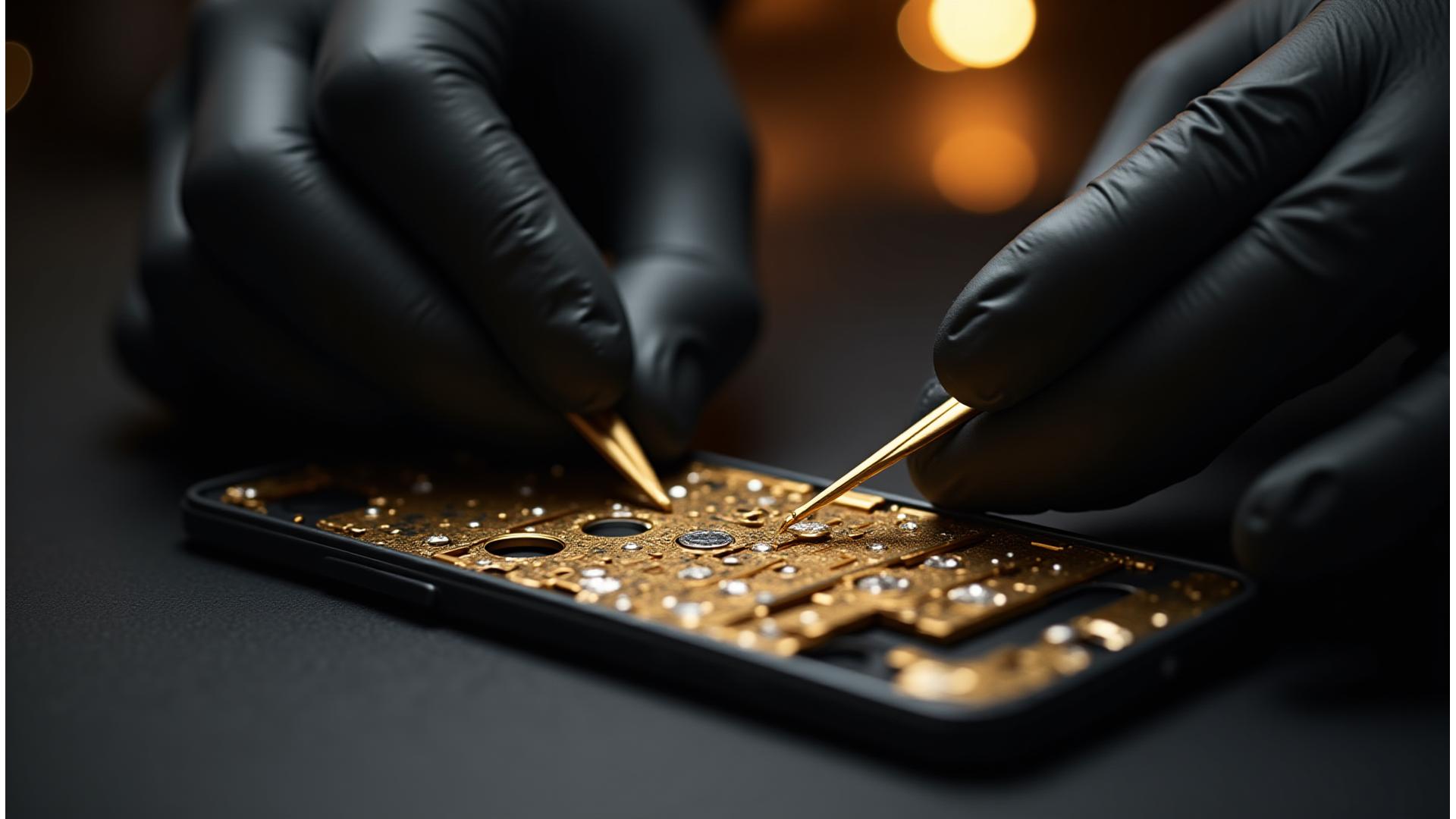 Artisan's hands meticulously working on a luxury smartphone with gold accents