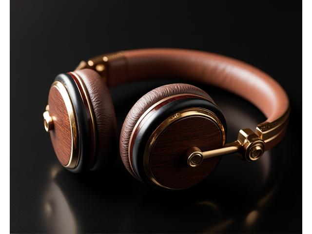 Over-ear luxury headphones with dark ebony wood and gold accents on a polished surface