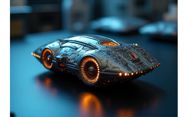 Close-up of a futuristic-looking prototype device, illuminated subtly in a dark lab setting