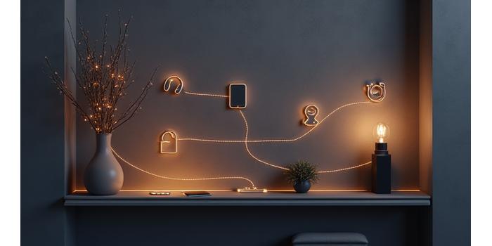 Diagram showing various luxury smart home devices seamlessly connected in an elegant blueprint