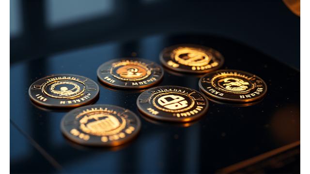 Gold-accented badges representing security certifications like ISO 27001, GDPR compliance, and encrypted data, on a dark, sleek background.