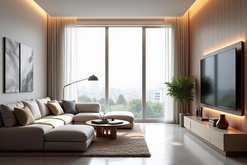 Modern living room with integrated smart home technology, elegant and discreet.